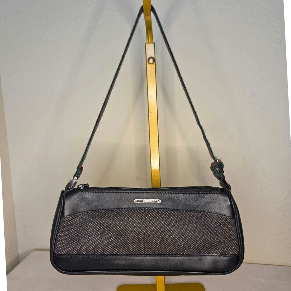 Gucci Vintage Black Denim Leather Web Stripe Shoulder Bag Web Stripe Sherry Line